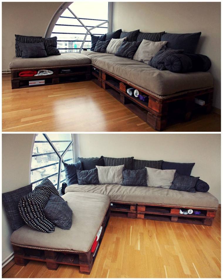 vacker L-formad soffa tillverkad i pall