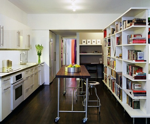 superb kitchen with furniture on wheels and library