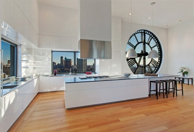 beautiful white kitchen and wood with clock window