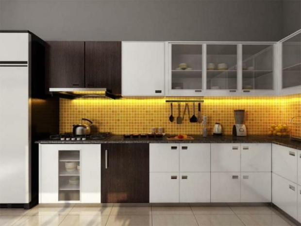 stunning designer kitchen with yellow tile backsplash