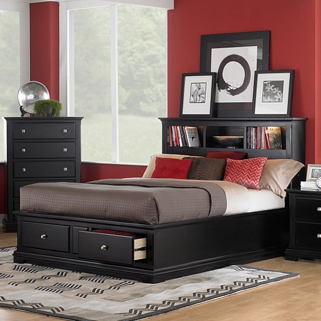 head-bed storage-timber-dark-shelves-table header bed-dresser