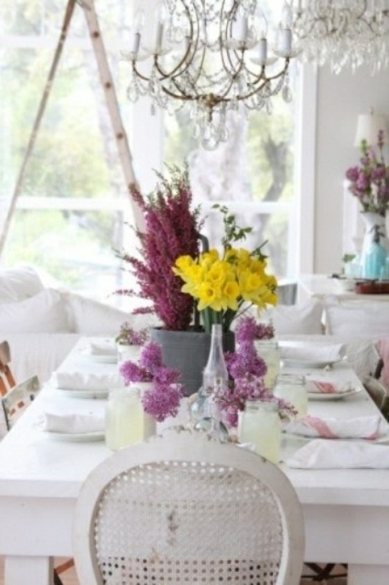 white table purple flowers