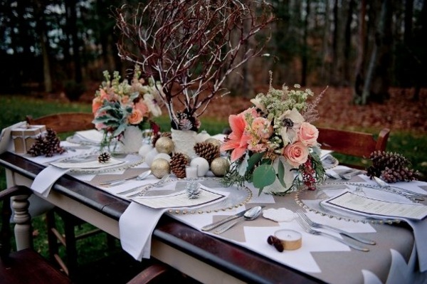 decorated table for wedding near the forest