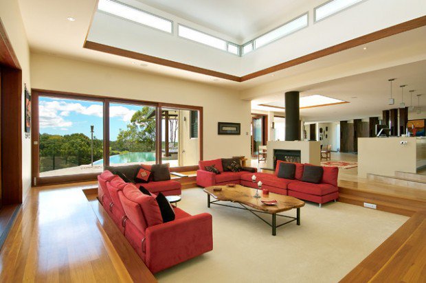 living room design coffee table wooden modern red sunken sofa