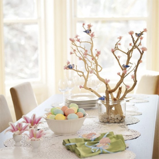 easter table branches eggs