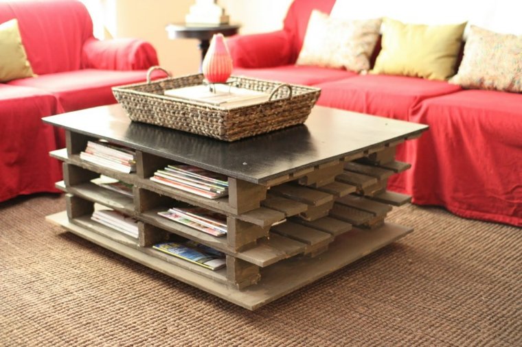 coffee table wood storage idea living room sofa armchair red cushions