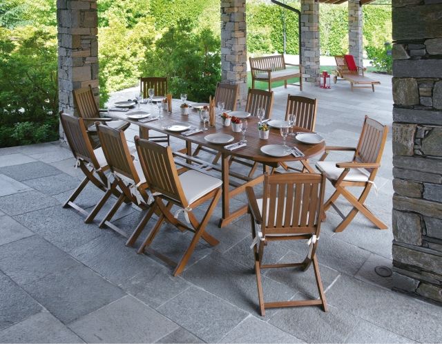 garden table-wood-chairs-cushions-white terrace