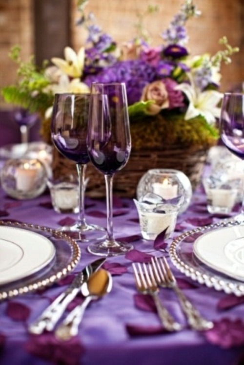 tablecloth table purple floral composition centerpiece