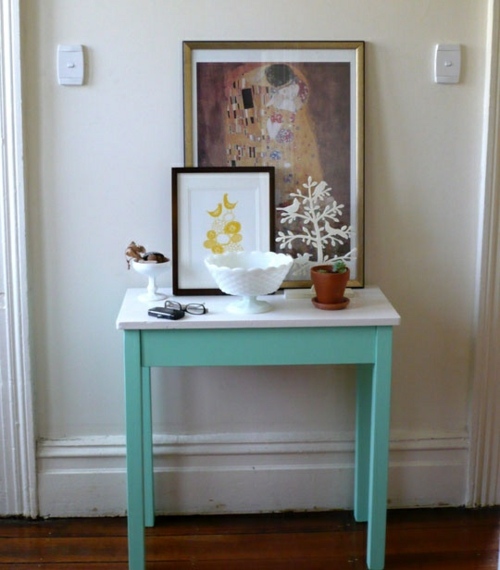 original table painted in turquoise and white