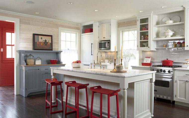 red chairs rustic kitchen bar