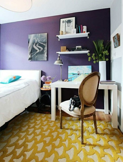 yellow accents carpet bedroom purple wall