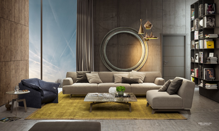 urban interior dark stylish idea deco living room sofa beige sofa leather black carpet yellow bookcase coffee table