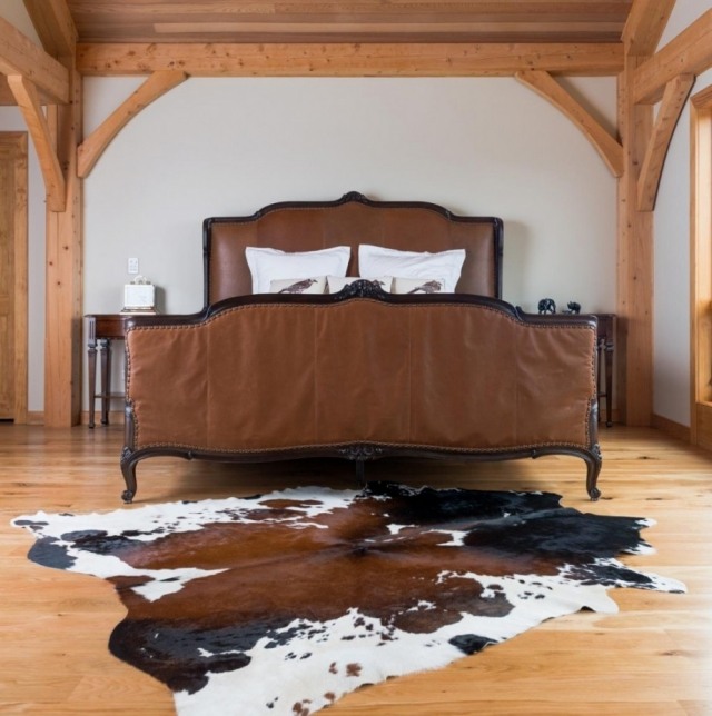 carpet-hide-cow-brown-white-black-bedroom-bed-brown-bed rug cowhide