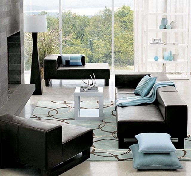 modern living room rug light blue leather furniture