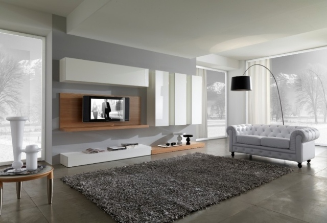 gray shaggy rug blue modern living room