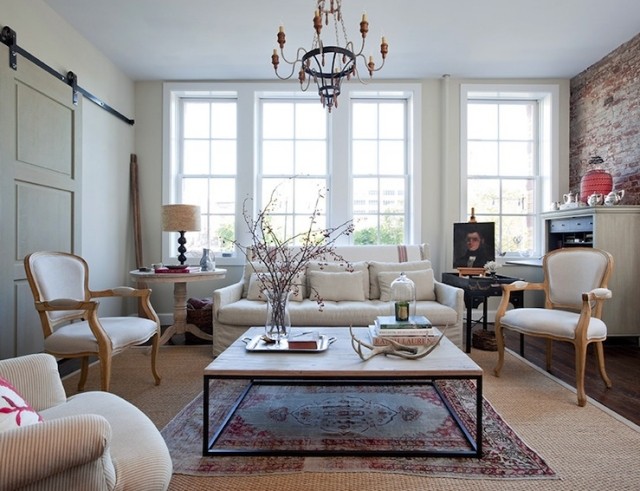 sisal carpet living room kilim wall-bricks-chandelier