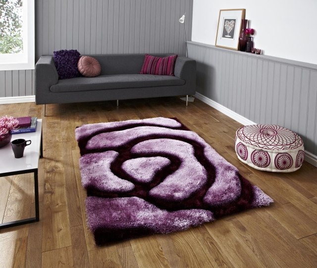 carpet purple-stylish-white-accents-stool-gray sofa-cushions