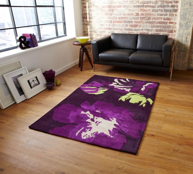 rug-purple-floral-patterns-sofa-leather-black rug purple