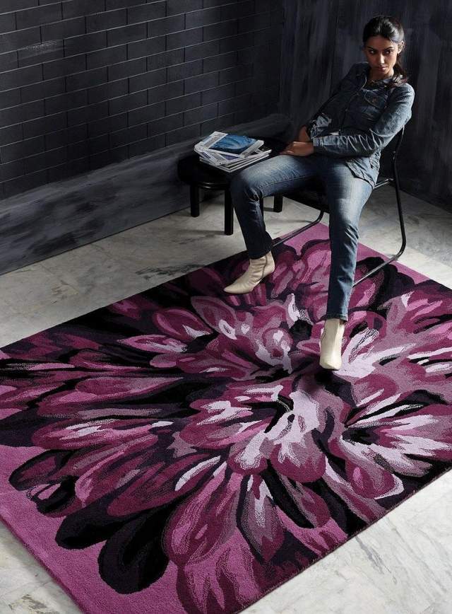 rug-purple-floral-patterns-black-white-interior-dark purple carpet