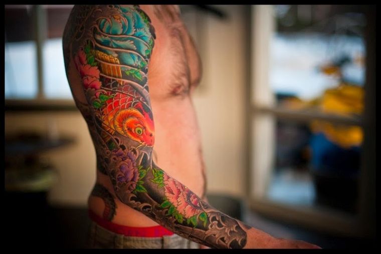 Japanese tattoo arm-man-symbols-tiger-colors