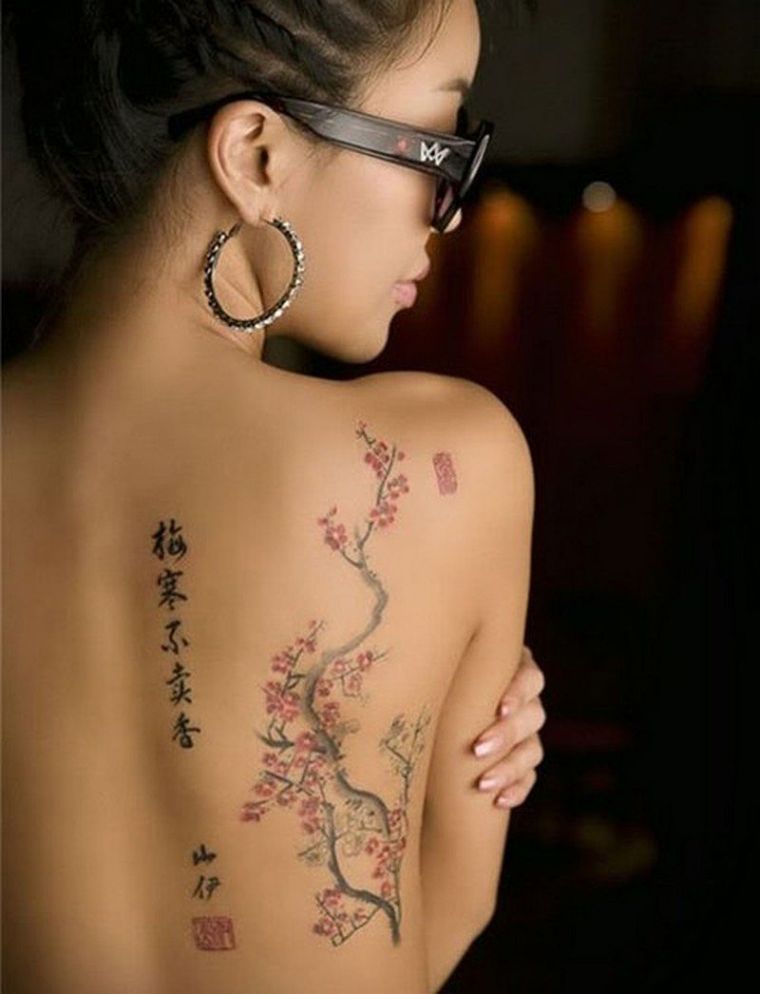 Japanese tattoo woman-back-letters-cherry