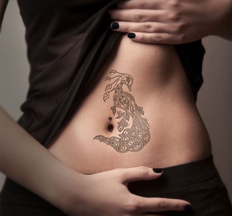 peacock tattoo-woman-belly-black-picture