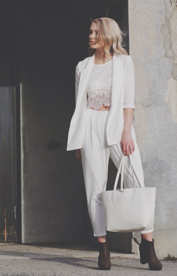 woman fashion trend idea pants white jacket white shirt idea shoes