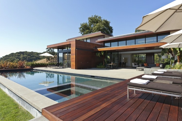 terrace with pool decoration deck chairs