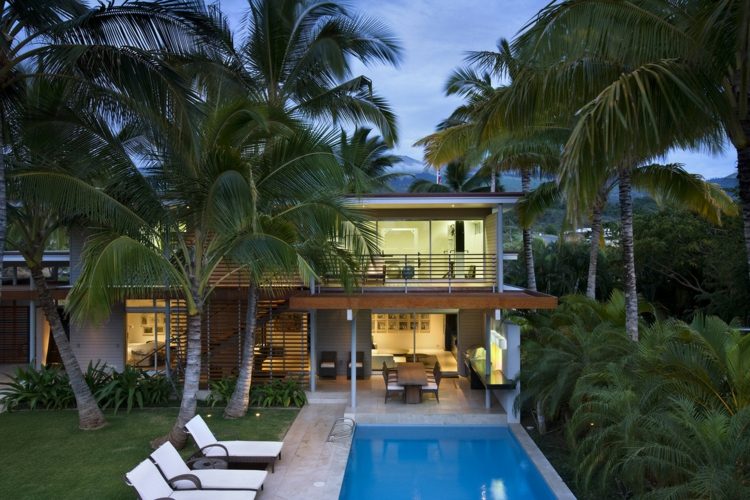 terrace with palm trees pool