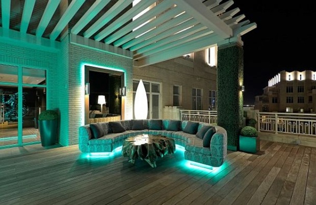 contemporary terrace with bright LED strip furniture