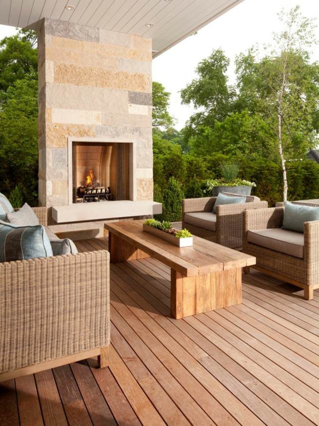 terrace wood outdoor fireplace design