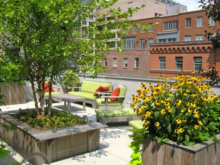 terraces in town gardens with trees