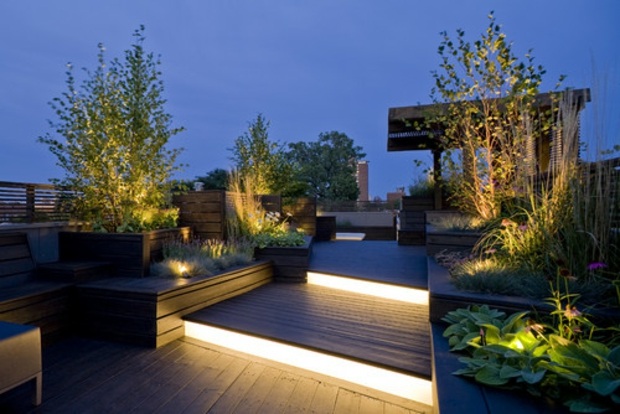 roof terrace with lighted steps