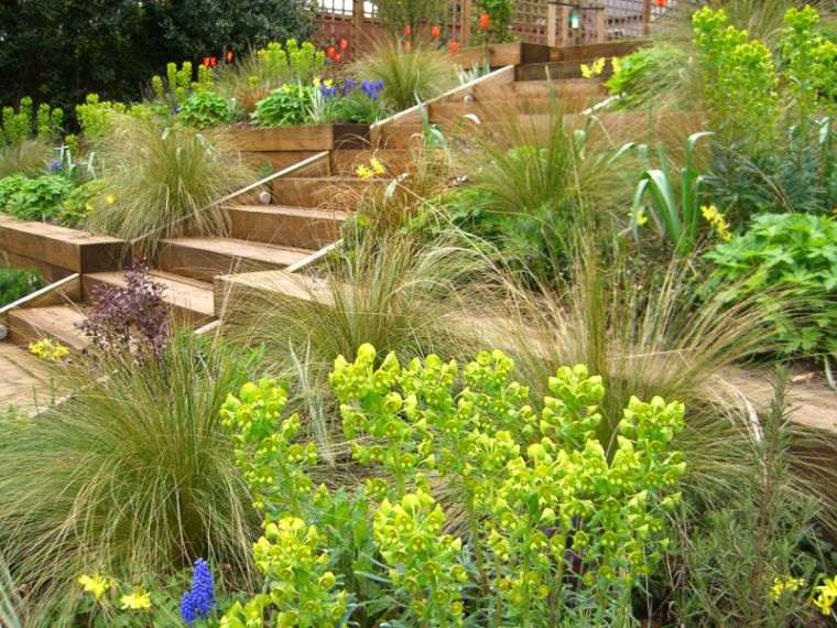 earth-garden-in-slope stair-wood beds plants