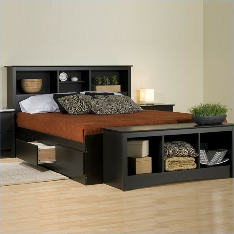 headboard black wood cushions design modern idea shelves wood storage plants deco