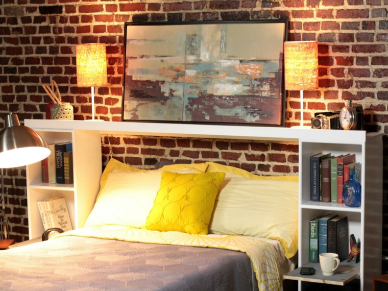 headboard with storage room wall bricks deco table wall fixture bedroom bed cushions
