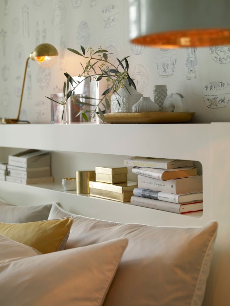 headboard with storage wall shelf open white shelves books objects deco