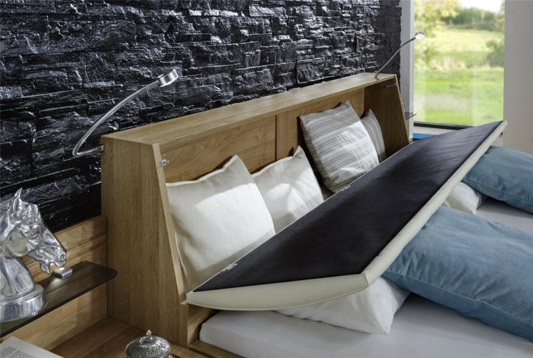 headboard with storage wood idea pillows black wall bedroom fixture