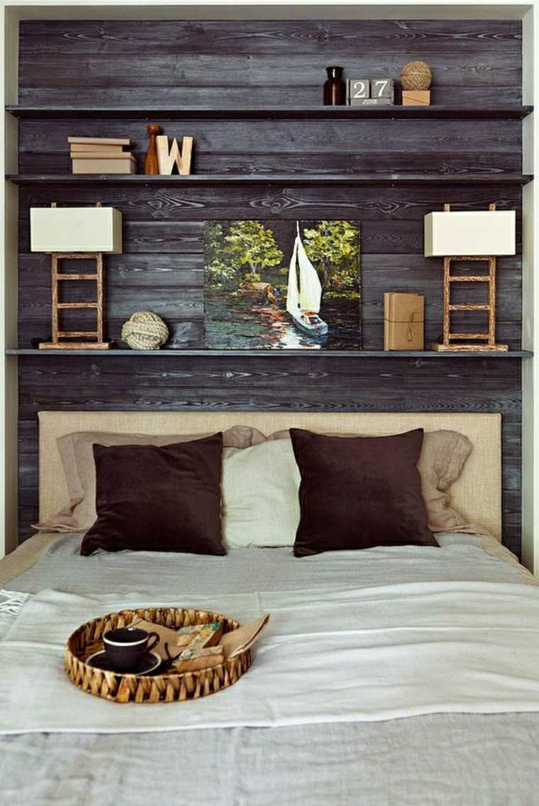 light wooden headboard dark etagares wall storage