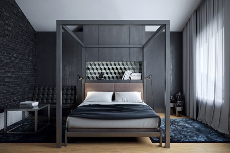 modern design interior idea bed headboard blue floor mat