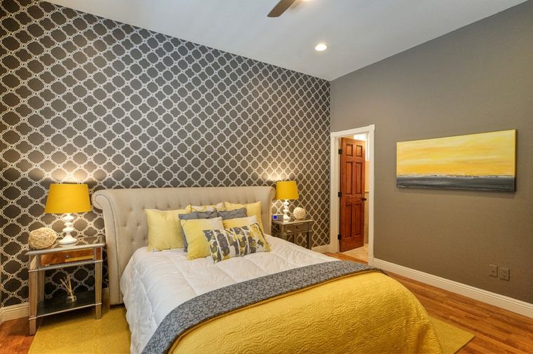 headboard gray wallpaper design quilted bed idea