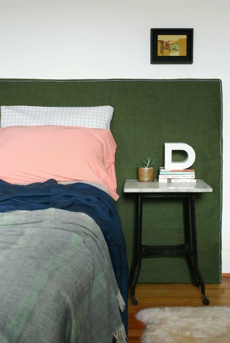 head bed fabric green design idea bedroom deco wall frame table night