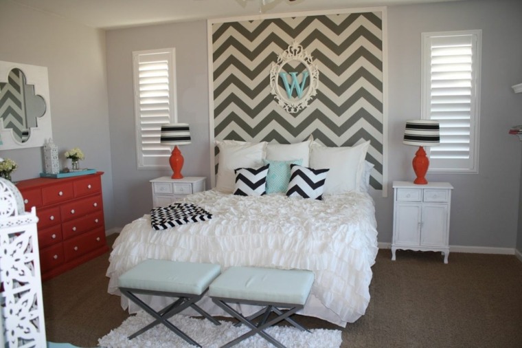 wallpaper pattern graphic original idea decor wall mirror bed stool blue design floor mats white