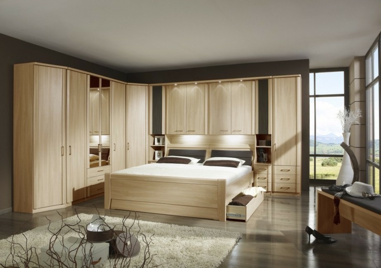 furniture bedroom headboard wood floor mats white cushions storage cabinet wood