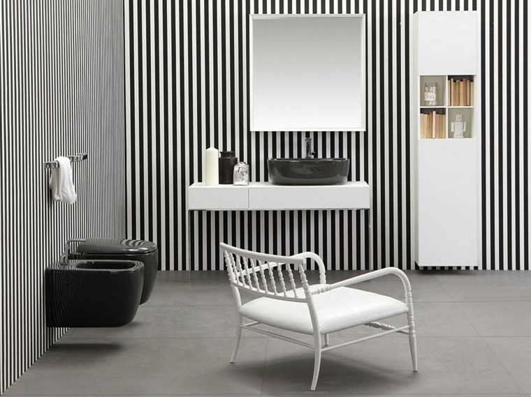 toilet design black white stripes wallpaper armchair