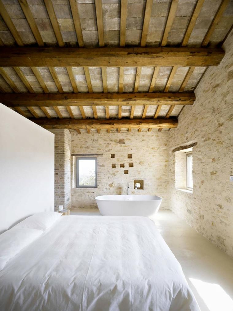 bedroom stone wood bathtub