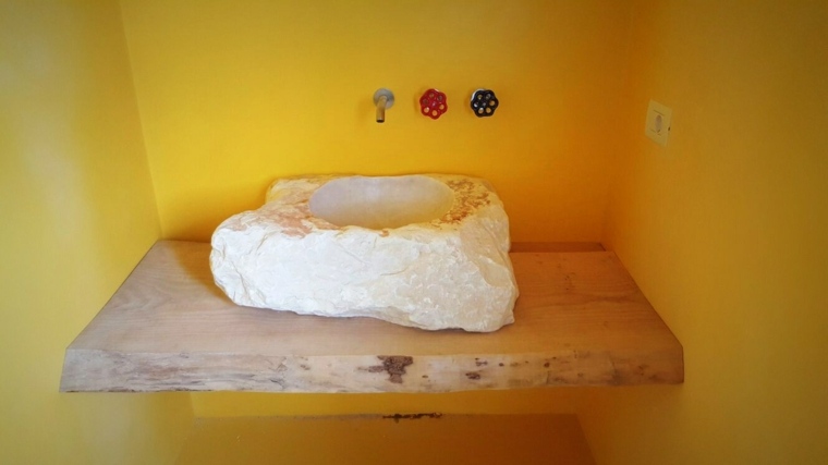 design bathroom washbasin natural stone wooden worktop