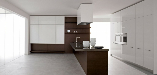 vast kitchen where white and dark wood complement each other