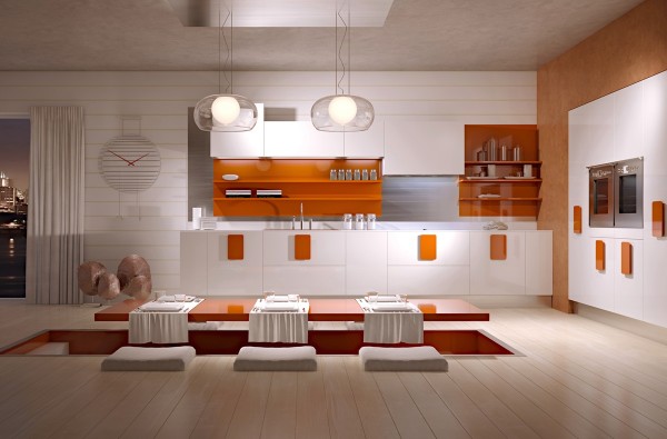 vast kitchen punctuated orange accents