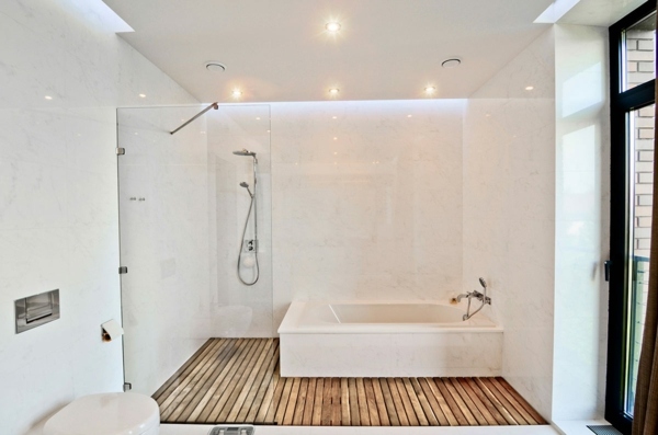 large white bathroom floor wood sauna style